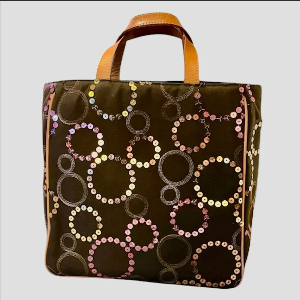 MZ Wallace Brown Neutral Embroidered Sequin Circles Leather Handles Canvas Tote